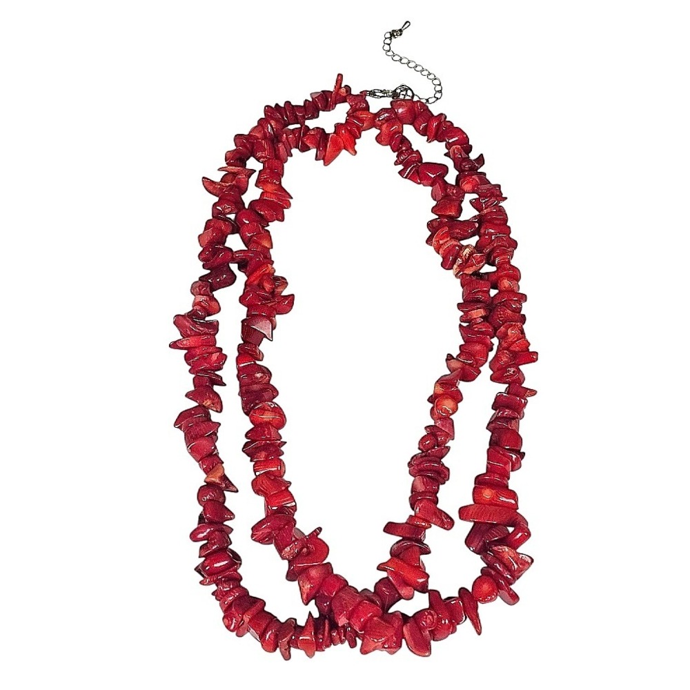 Red Coral Chip Bead Double Strand Necklace Chunky Boho Adjustable